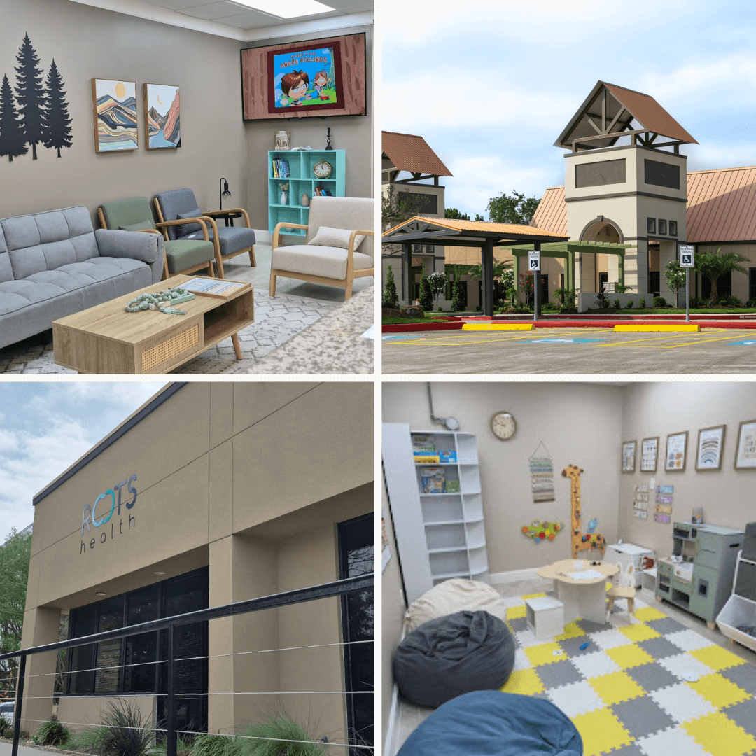 Map of Roots Health Connected Care clinics including Fairmont Pediatrics in Pasadena and La Porte, plus partner clinics across Houston, Pearland, Texas City, and Corpus Christi.
